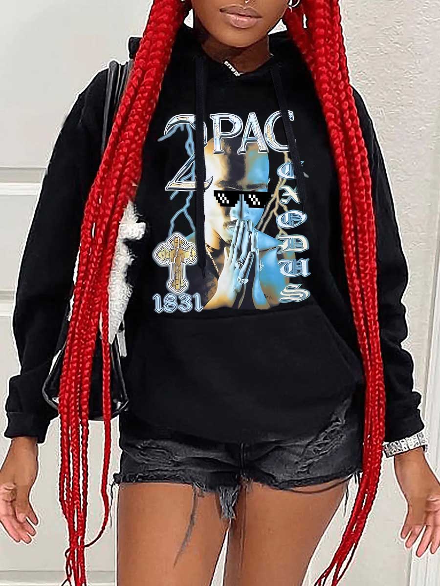 LW Plus Size Figure Letter Print Kangaroo Pocket Hoodie