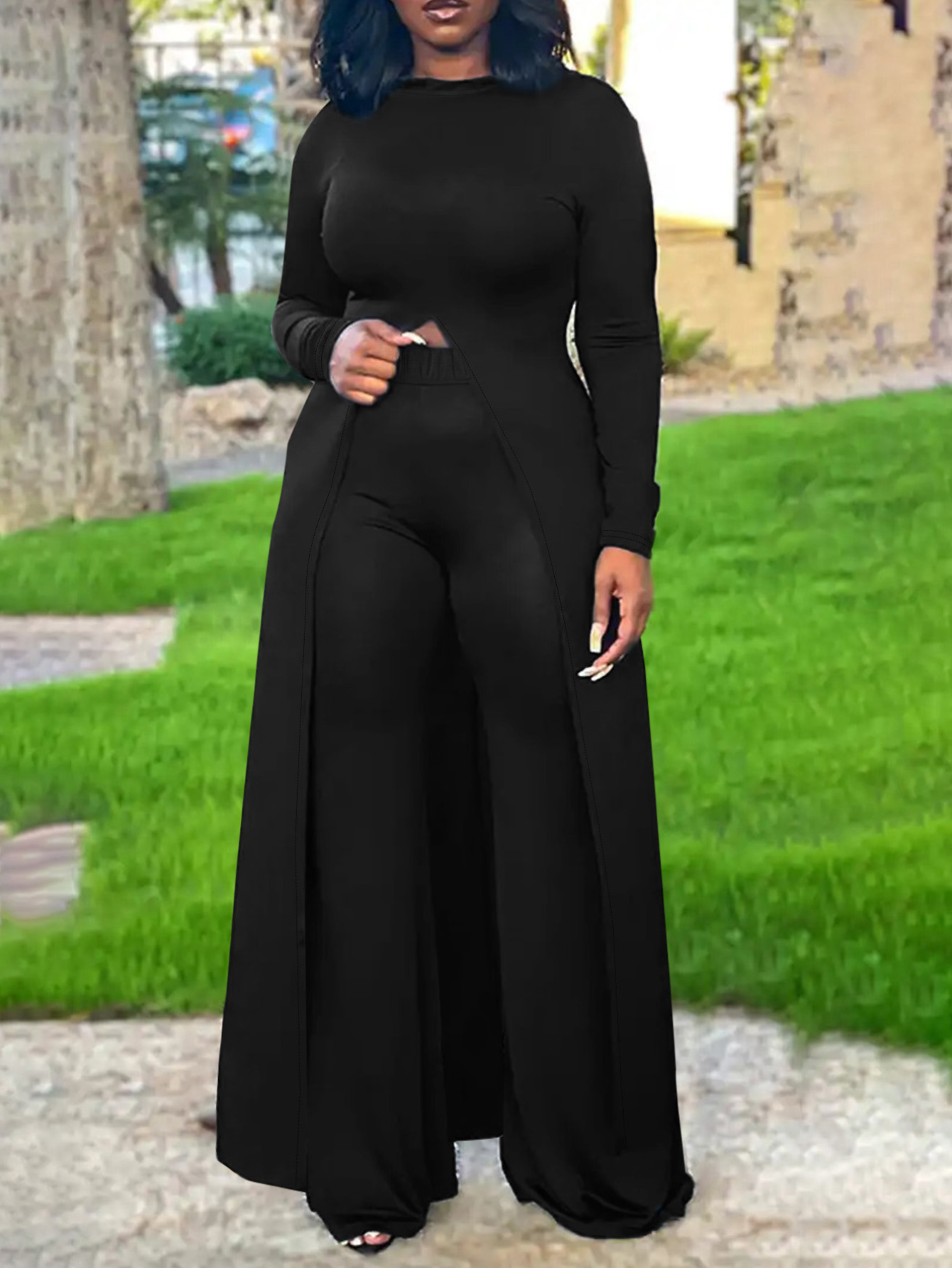 LW BASICS Plus Size Hooded Collar Front Split Pants Set