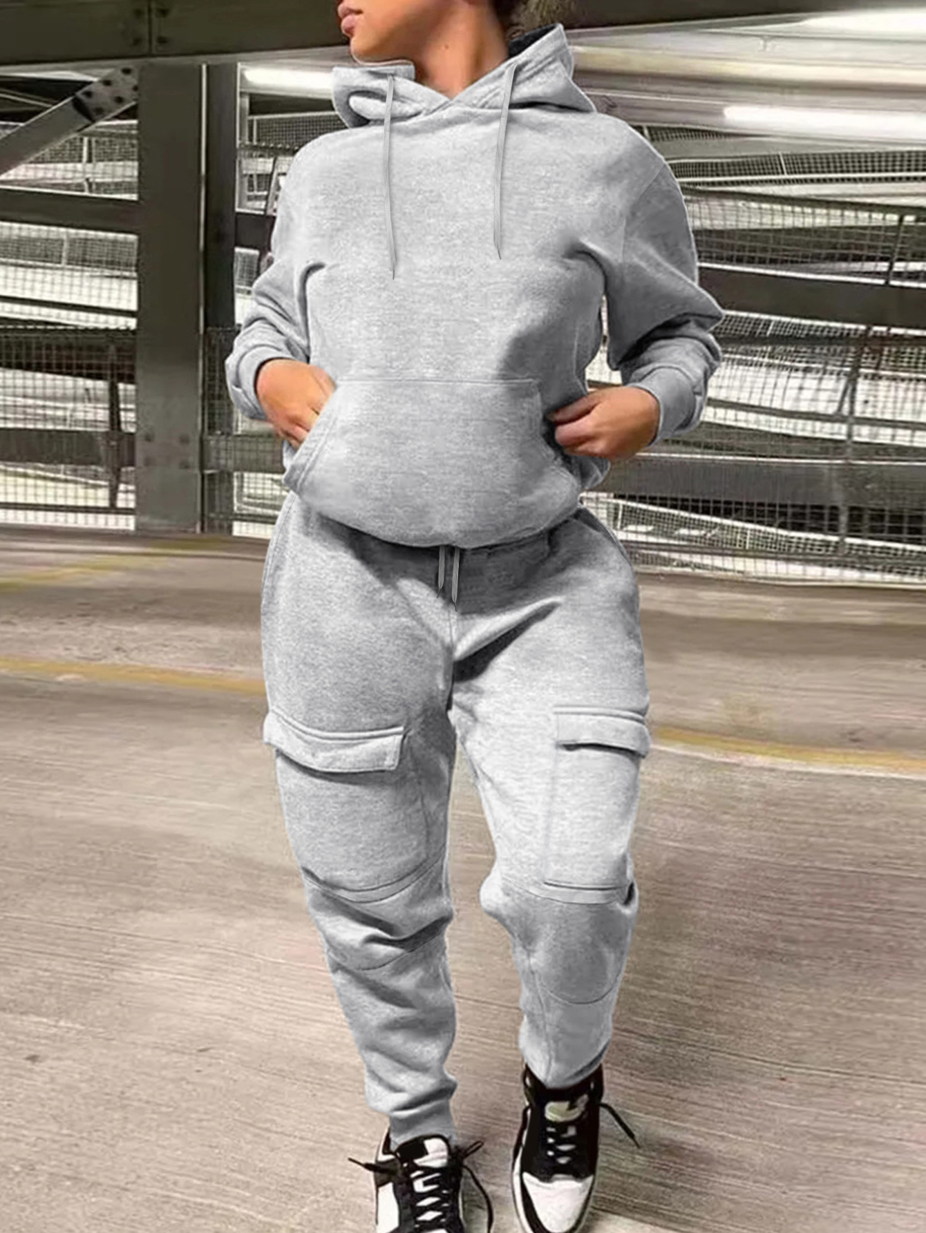 LW BASICS Plus Size Hooded Collar Kangaroo Pocket Tracksuit Set