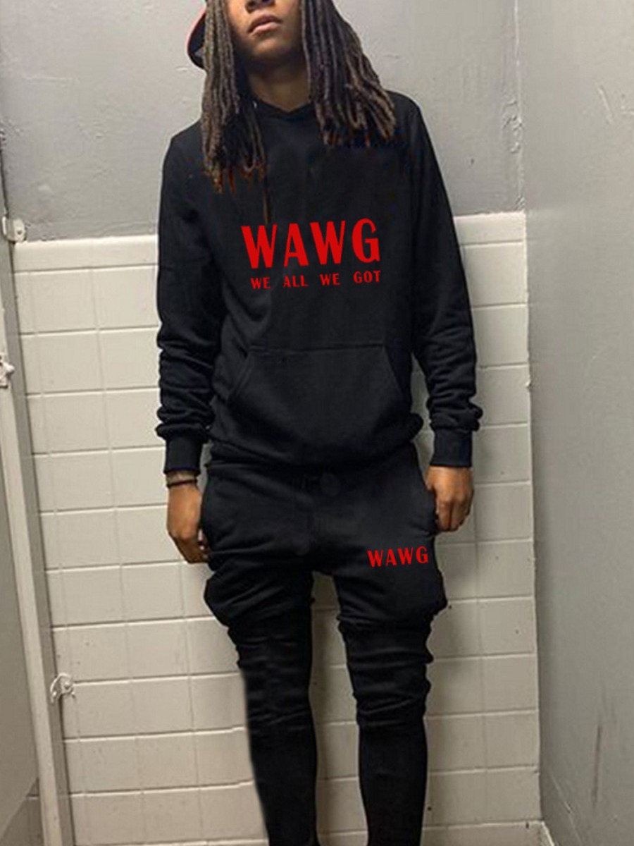 LW Men Letter Print Kangaroo Pocket Tracksuit Set
