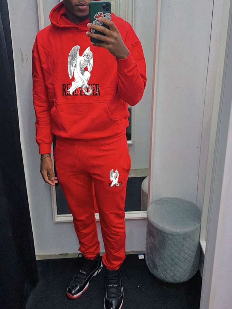 LW Men Figure Letter Print Kangaroo Pocket Tracksuit Set