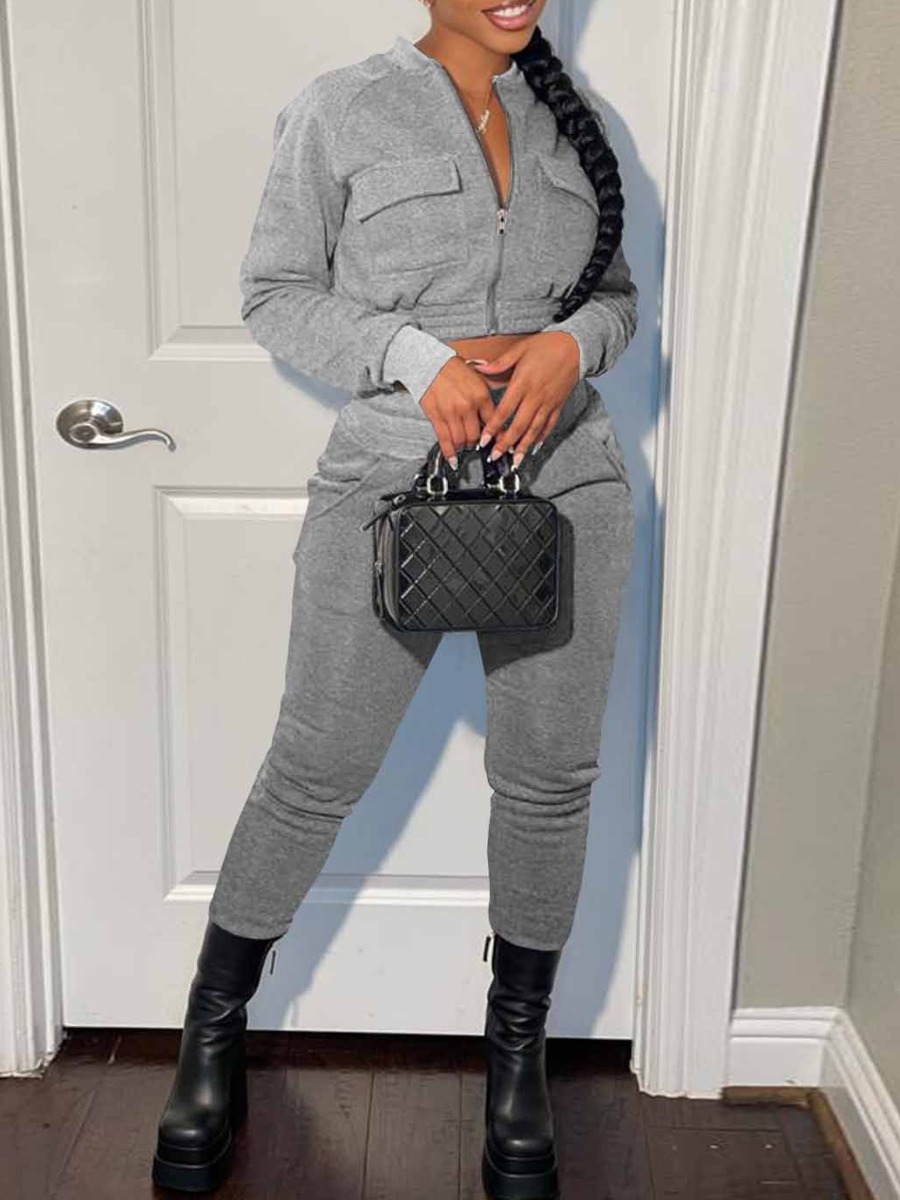 LW Crop Top Pocket Design Drawstring Pants Set
