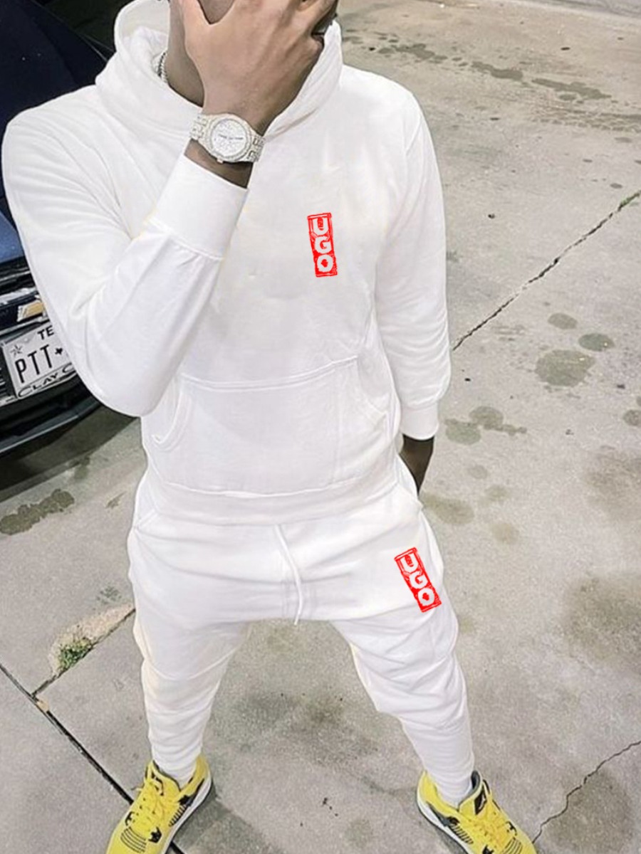 LW Men Letter Print Kangaroo Pocket Tracksuit Set