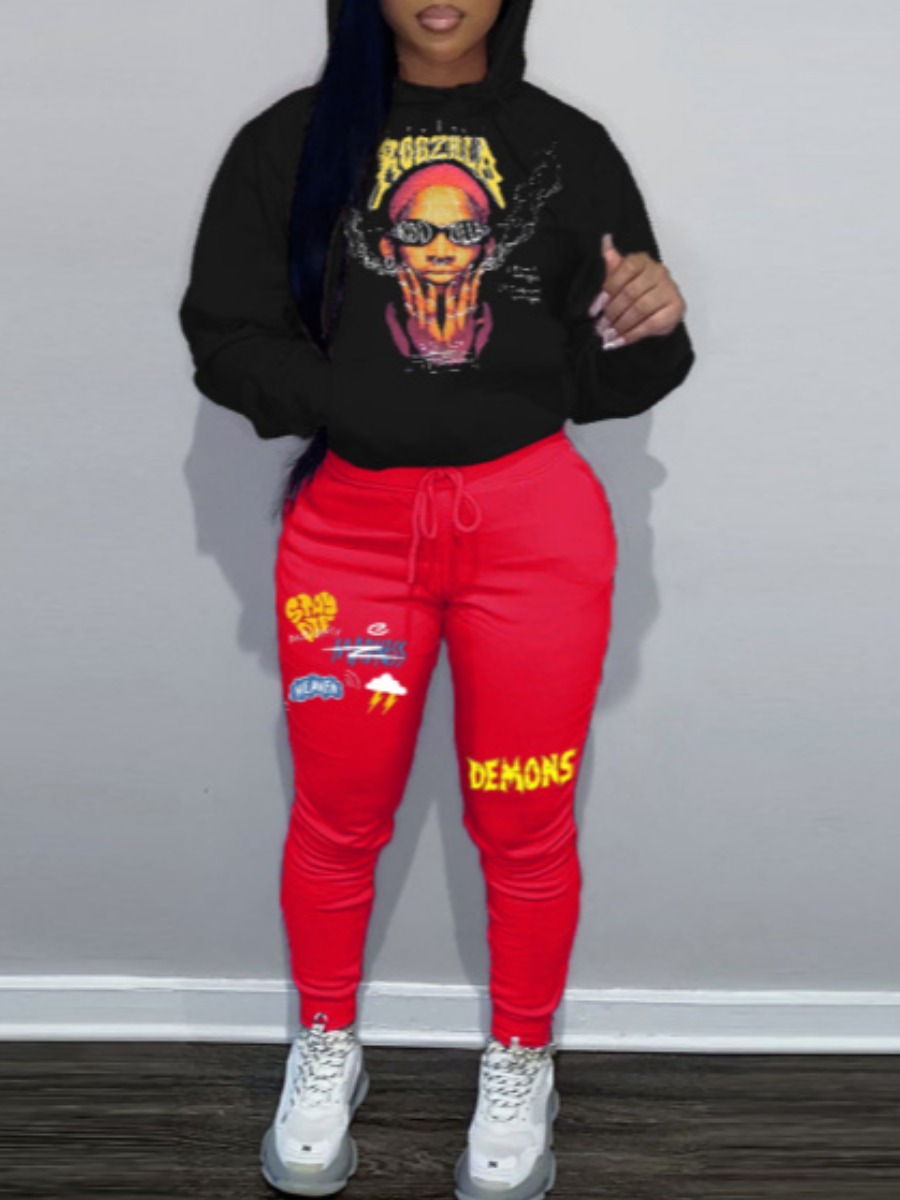 LW Figure Letter Print Kangaroo Pocket Tracksuit Set