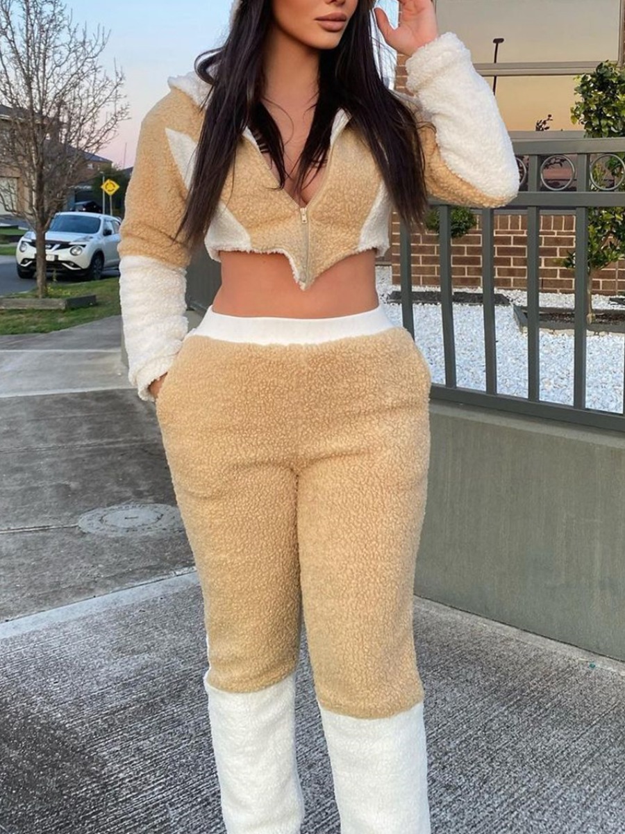 LW Hooded Collar Crop Top Patchwork Teddy Pants Set
