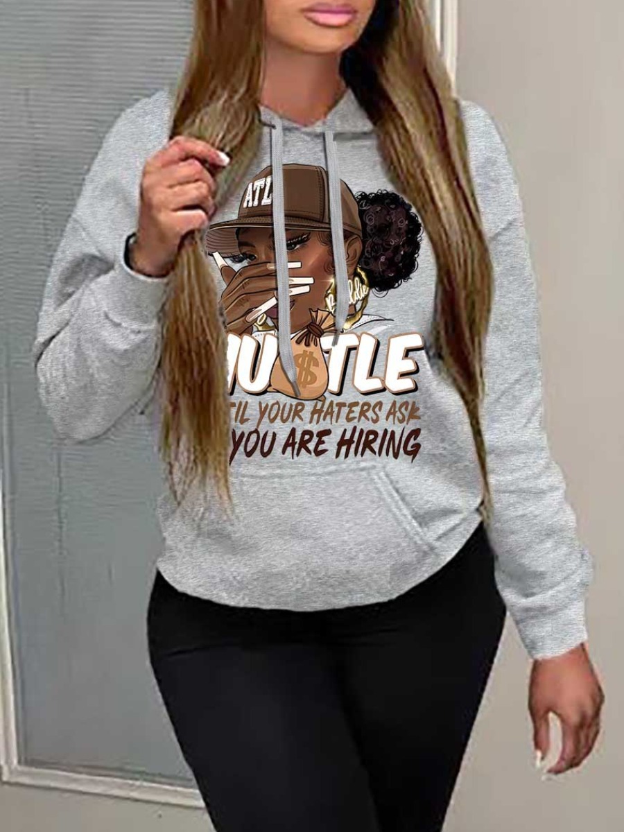 LW Plus Size Figure Letter Print Kangaroo Pocket Hoodie