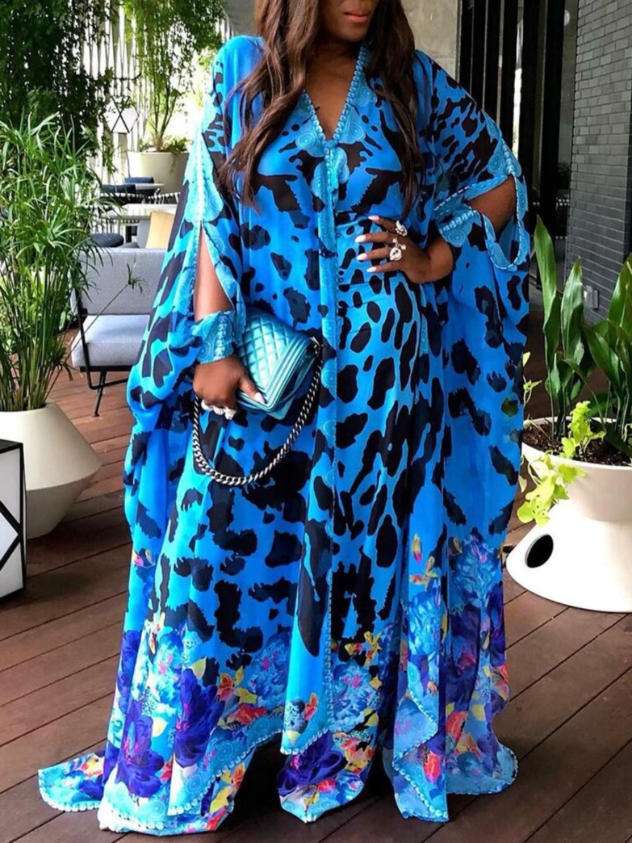 LW Plus Size Split Sleeve Leopard Floral Print Loo