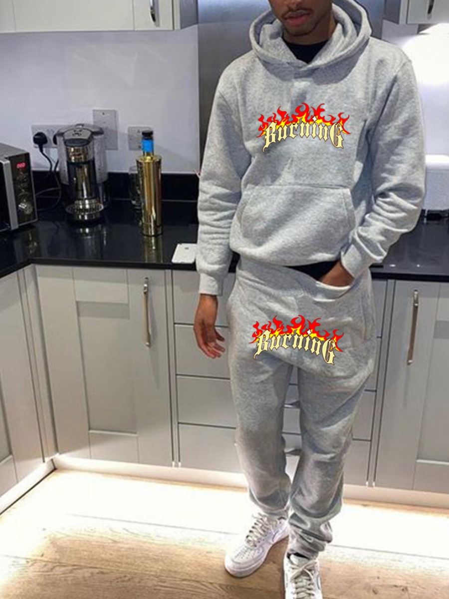 LW Men Letter Print Kangaroo Pocket Tracksuit Set