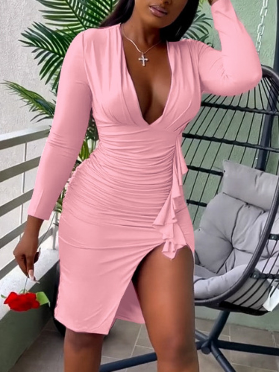 LW Plus Size Shirred Flounce Design Thigh Slit Dre