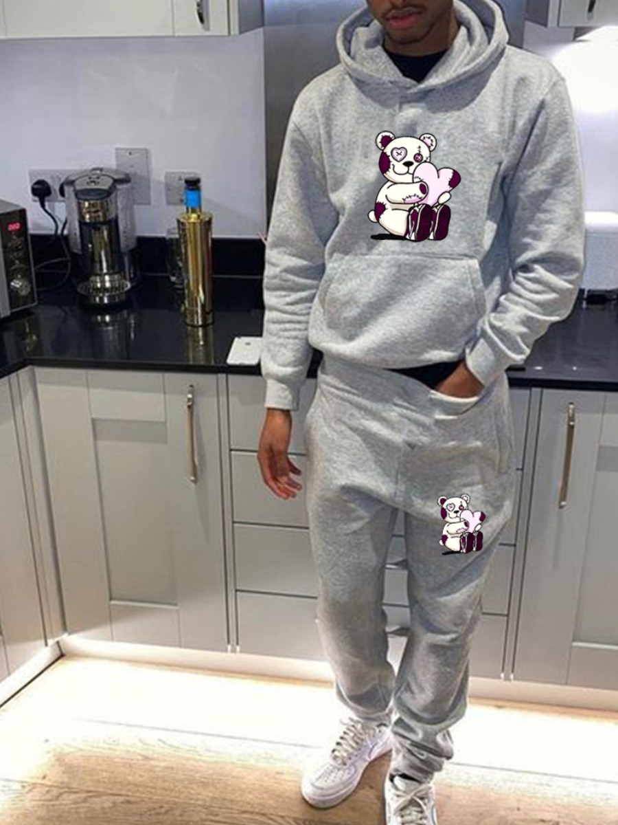 LW Men Cartoon Print Kangaroo Pocket Tracksuit Set