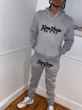 LW Men Letter Print Kangaroo Pocket Tracksuit Set