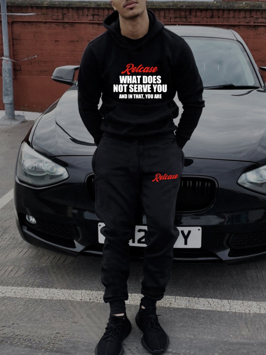 LW Men Letter Print Kangaroo Pocket Tracksuit Set
