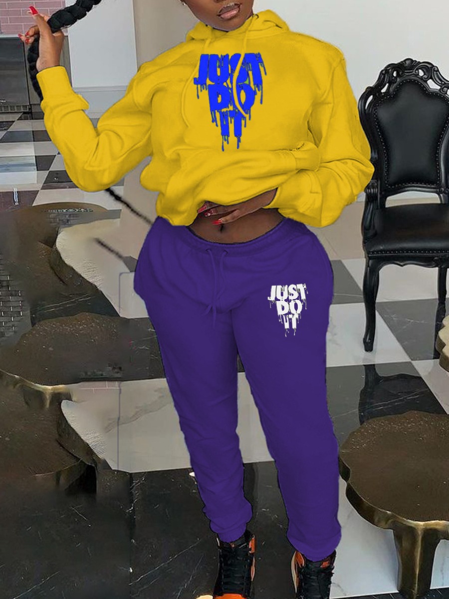 LW Plus Size Just Do It Letter Print Kangaroo Pocket Tracksuit Set