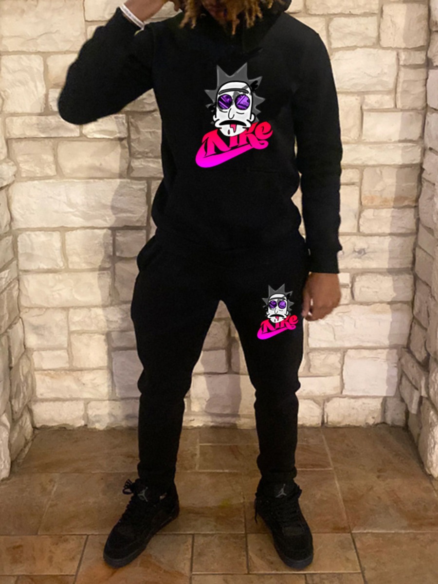 LW Men Cartoon Letter Print Kangaroo Pocket Tracksuit Set