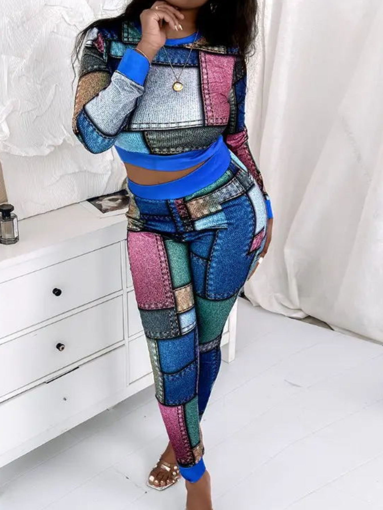 LW Imitation Denim Crop Top Skinny Pants Set