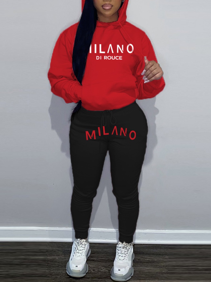 LW Plus Size Letter Print Kangaroo Pocket Tracksuit Set