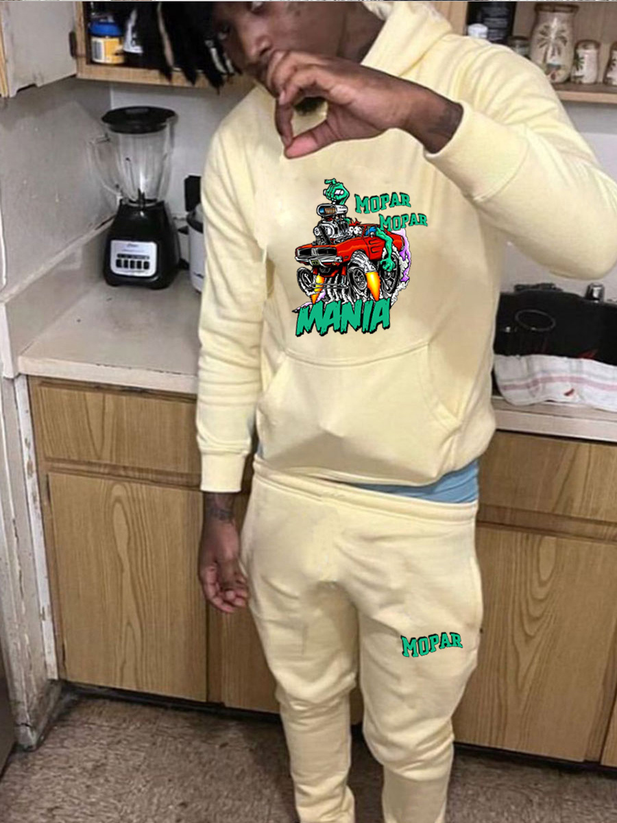 LW Men Cartoon Letter Print Kangaroo Pocket Tracksuit Set