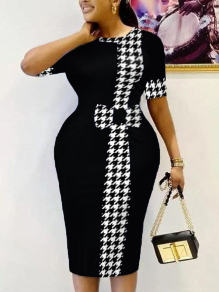 LW Round Neck Houndstooth Bodycon Dress