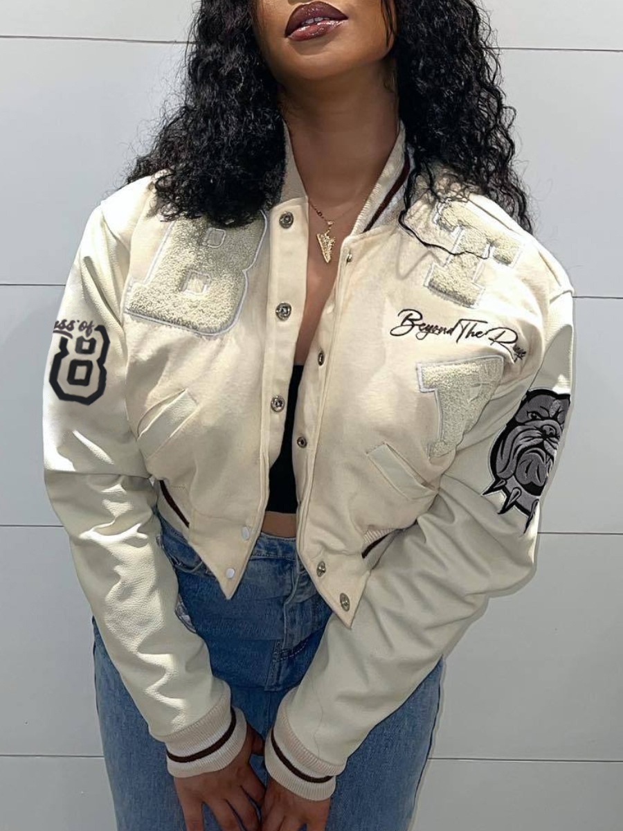 LW Baseball Collar Letter Print Breasted Loose Jacket
