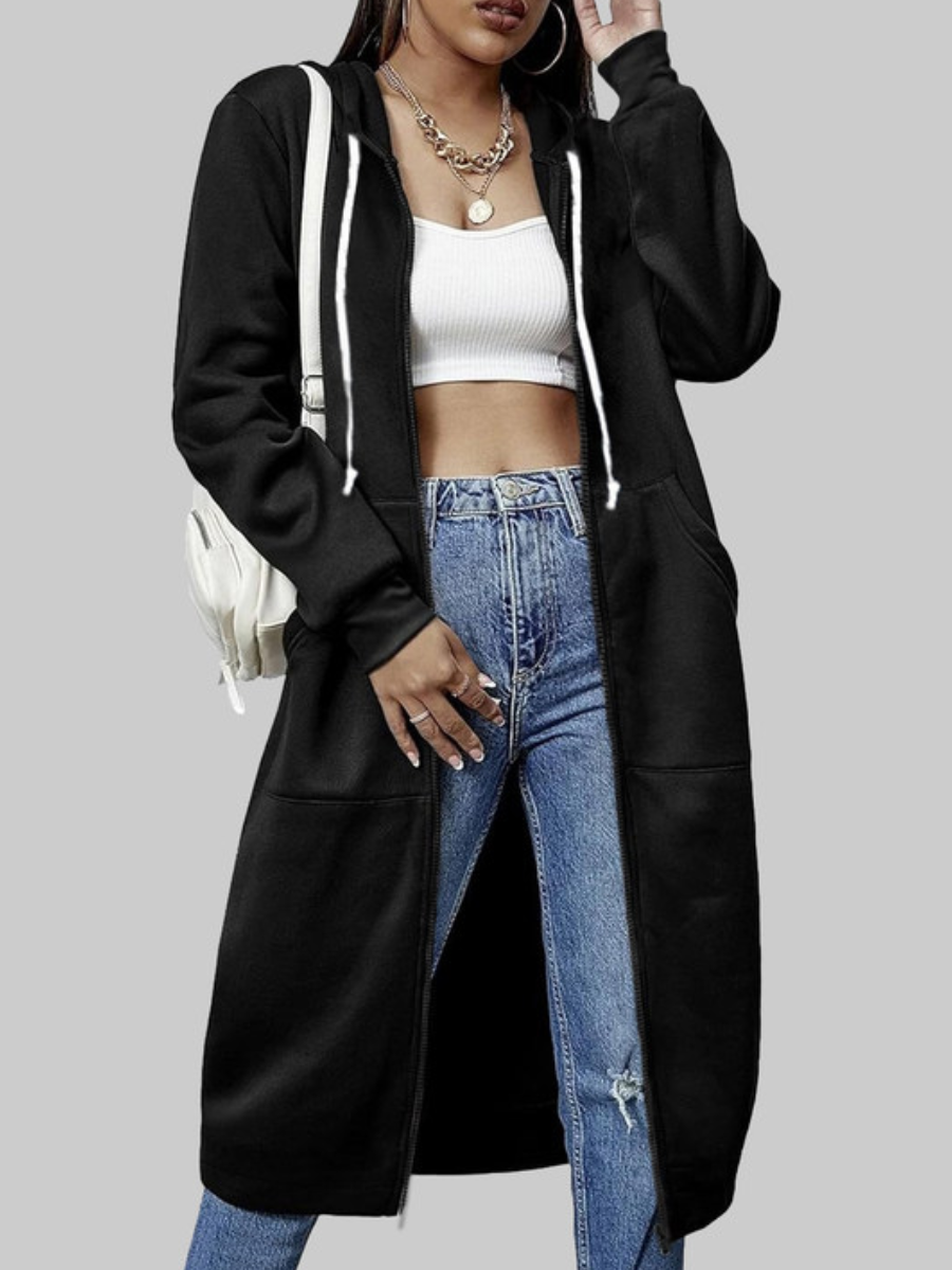 LW Plus Size Drawstring Pocket Design Zipper Loose Coat