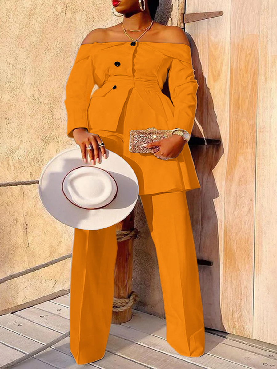 LW Plus Size Off The Shoulder Button Design Asymmetrical Pants Set