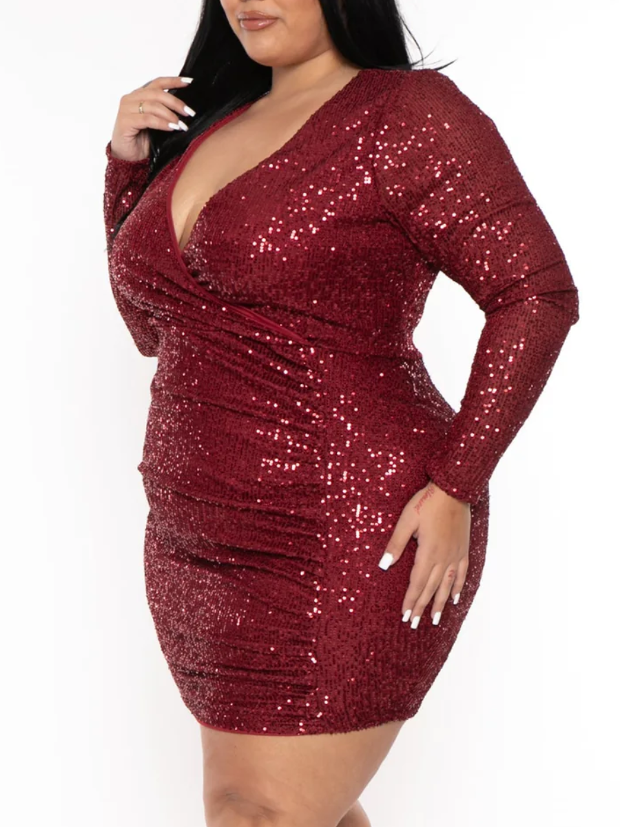 LW SXY Plus Size V Neck Sequined Bodycon Dress