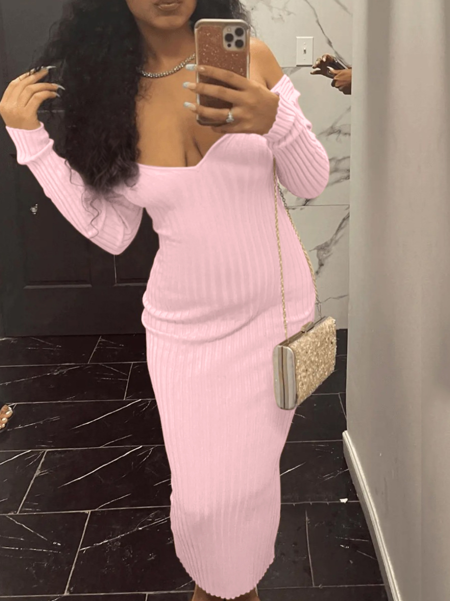 LW BASICS Off The Shoulder Rib Knit Bodycon Dress