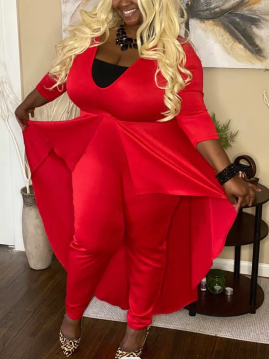 LW Plus Size V Neck Overlay Skirt Asymmetrical Jumpsuit
