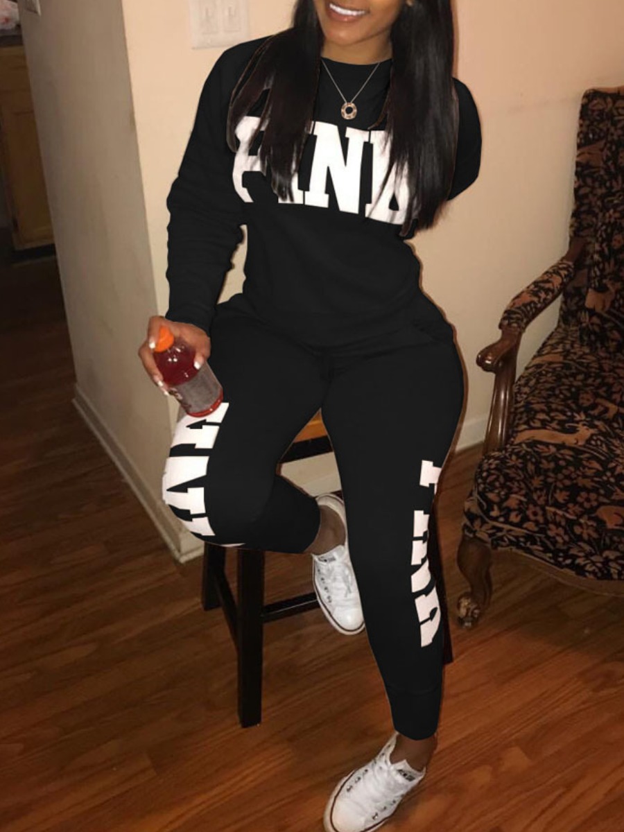 LW Plus Size Pink Letter Print Skinny Two-piece Pa