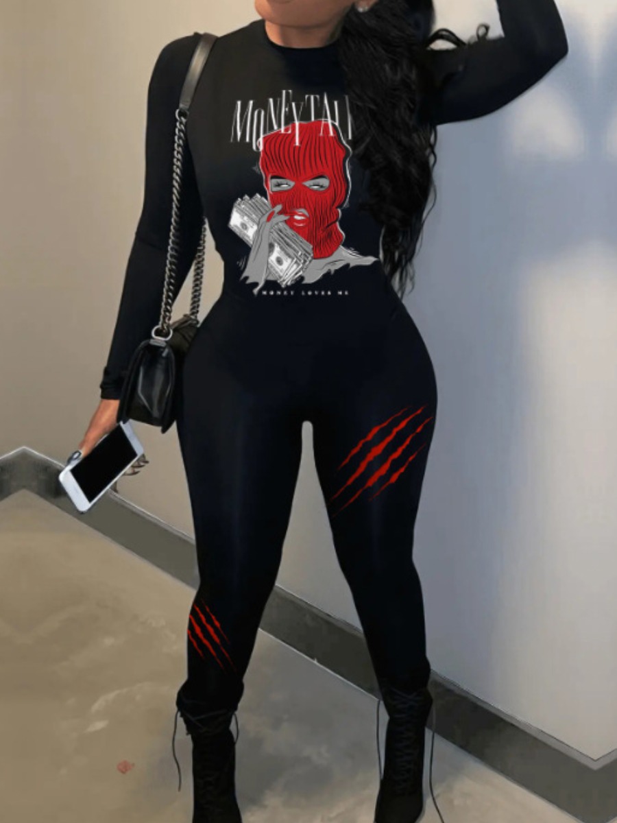 LW Plus Size Masked Face Money Letter Print Skinny Jumpsuit