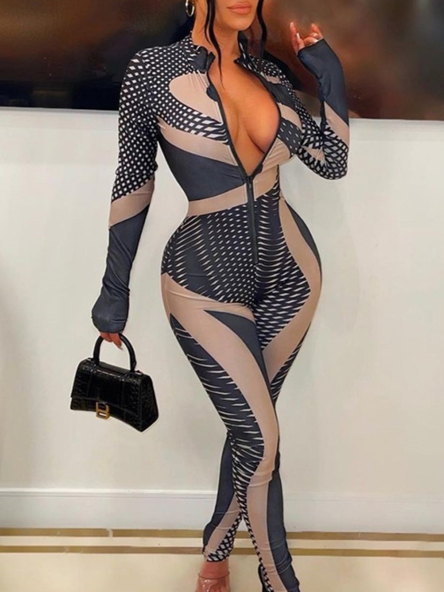 LW Geometric Print Zipper Design Skinny Jumpsuit
