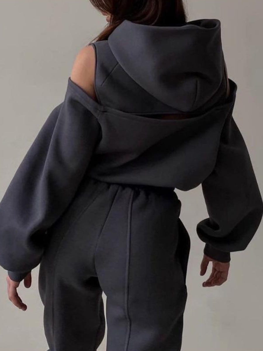 LW Plus Size Hooded Collar Cut Out Loose Tracksuit Set