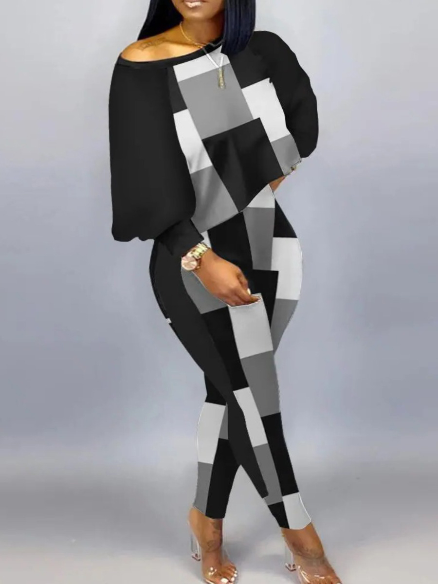 LW Plus Size Lantern Sleeve Geometric Print Pants Set