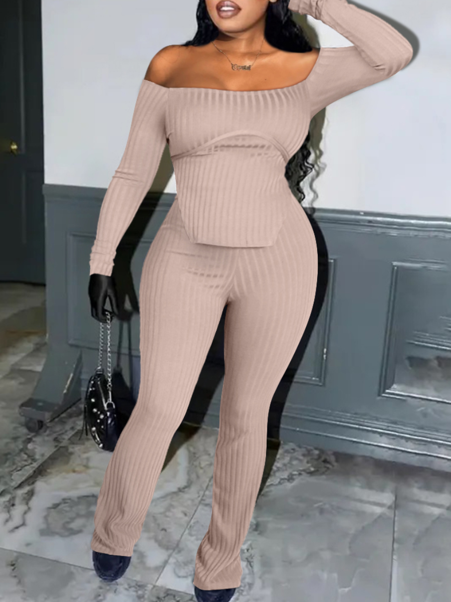 LW BASICS Off The Shoulder High Waist Flared Pants Set