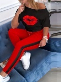LW Plus Size Lip Print Striped Pants Set