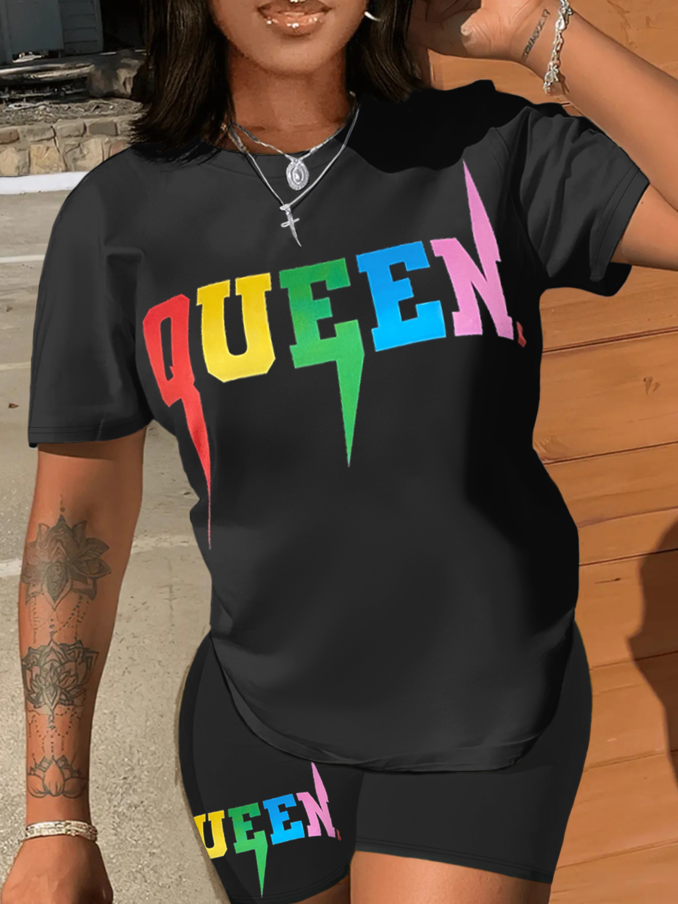LW BASICS Plus Size Queen Letter Print Patchwork Shorts Set