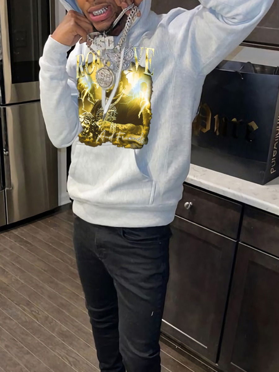 LW Men Figure Letter Print Kangaroo Pocket Hoodie