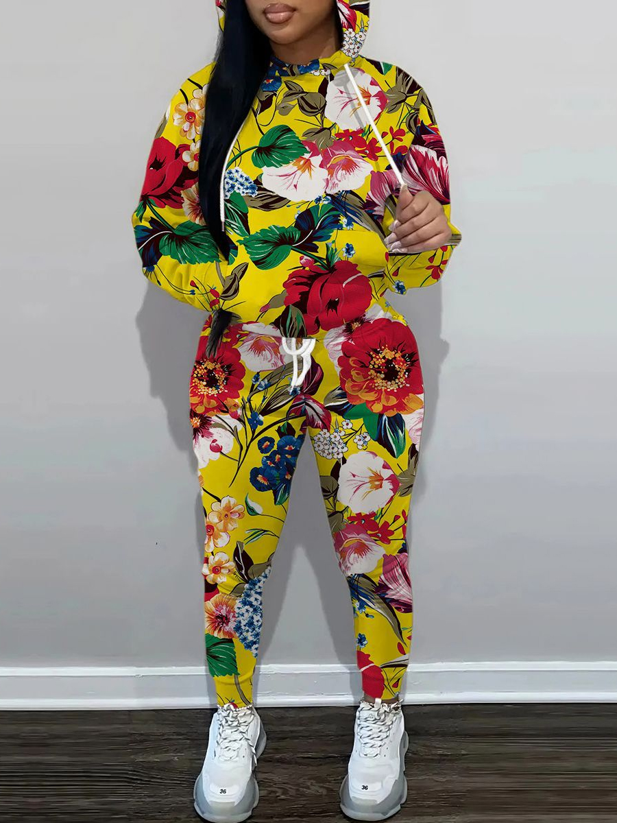 LW Plus Size Floral Print Kangaroo Pocket Tracksui