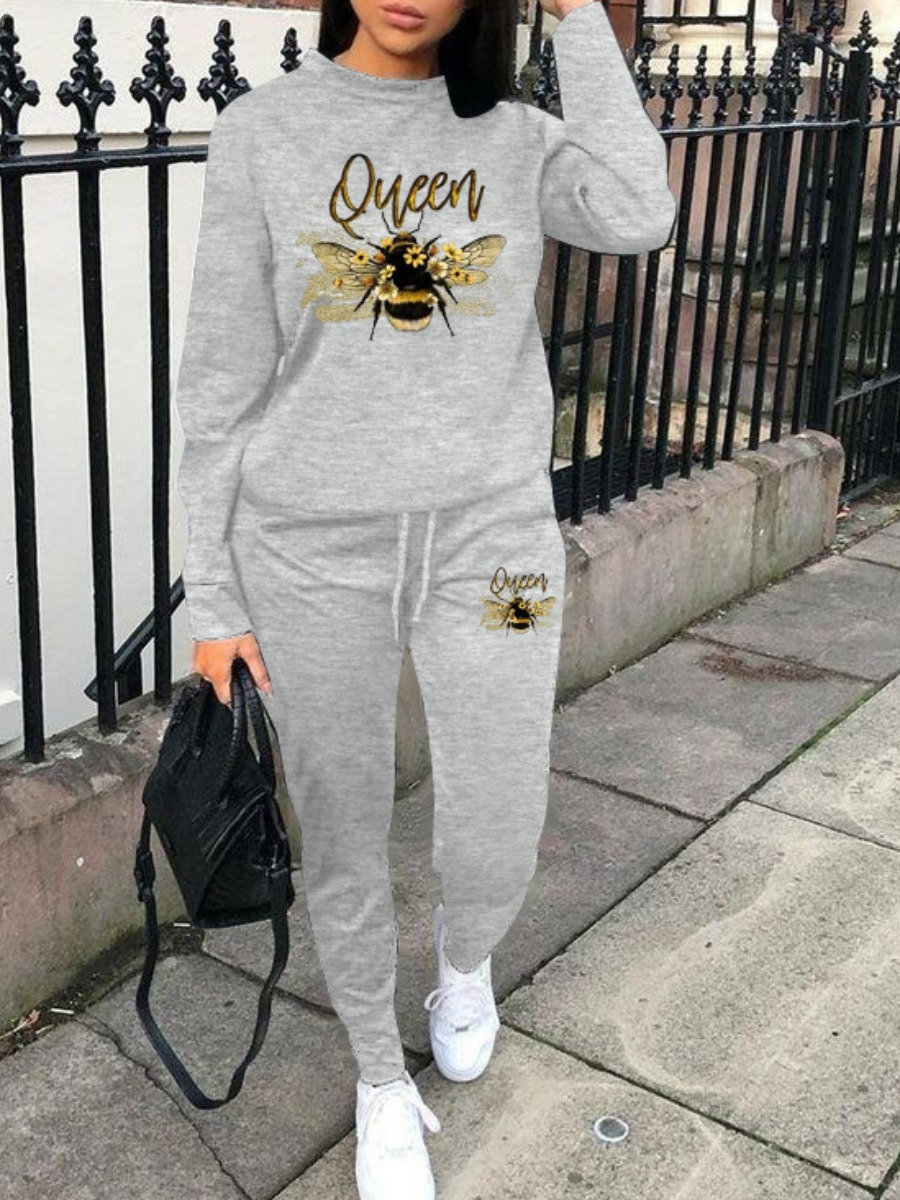 LW Plus Size Bee Queen Floral Letter Print Pants Set