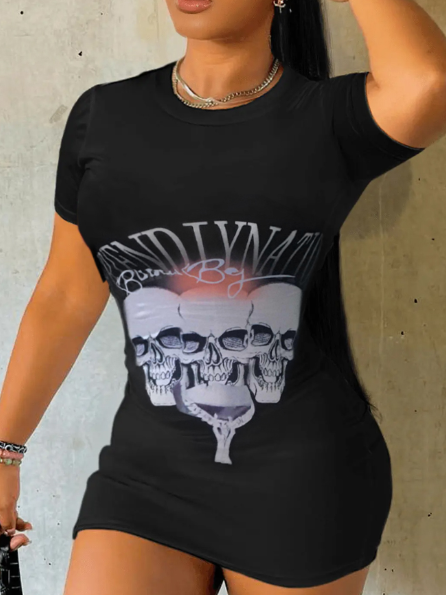 LW Skull Head Letter Print T-shirt Dress