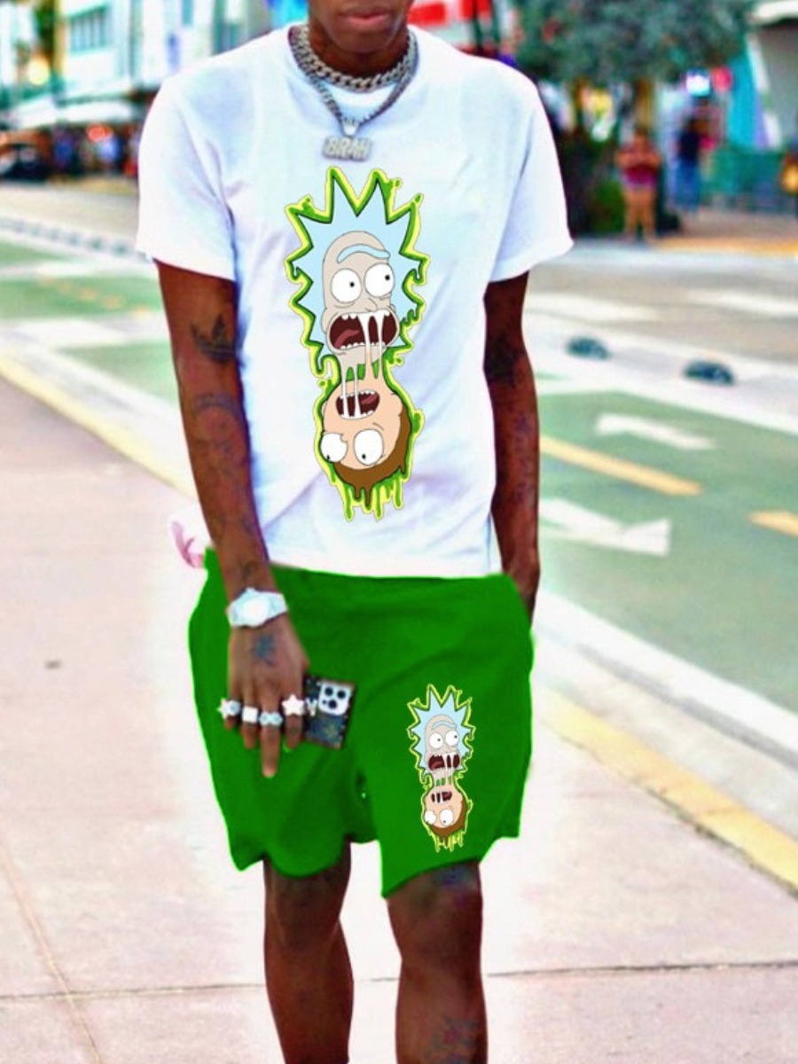 LW Men Cartoon Print Drawstring Shorts Set