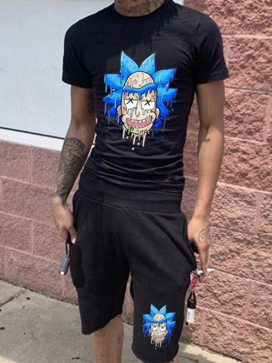 LW Men Cartoon Print Drawstring Shorts Set