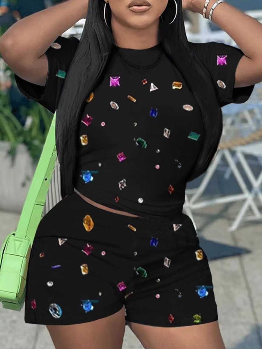 LW Plus Size Rhinestone Print Regular Fit Shorts Set