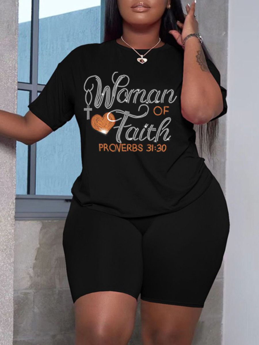 LW Plus Size Rhinestone Heart Letter Decor Shorts Set