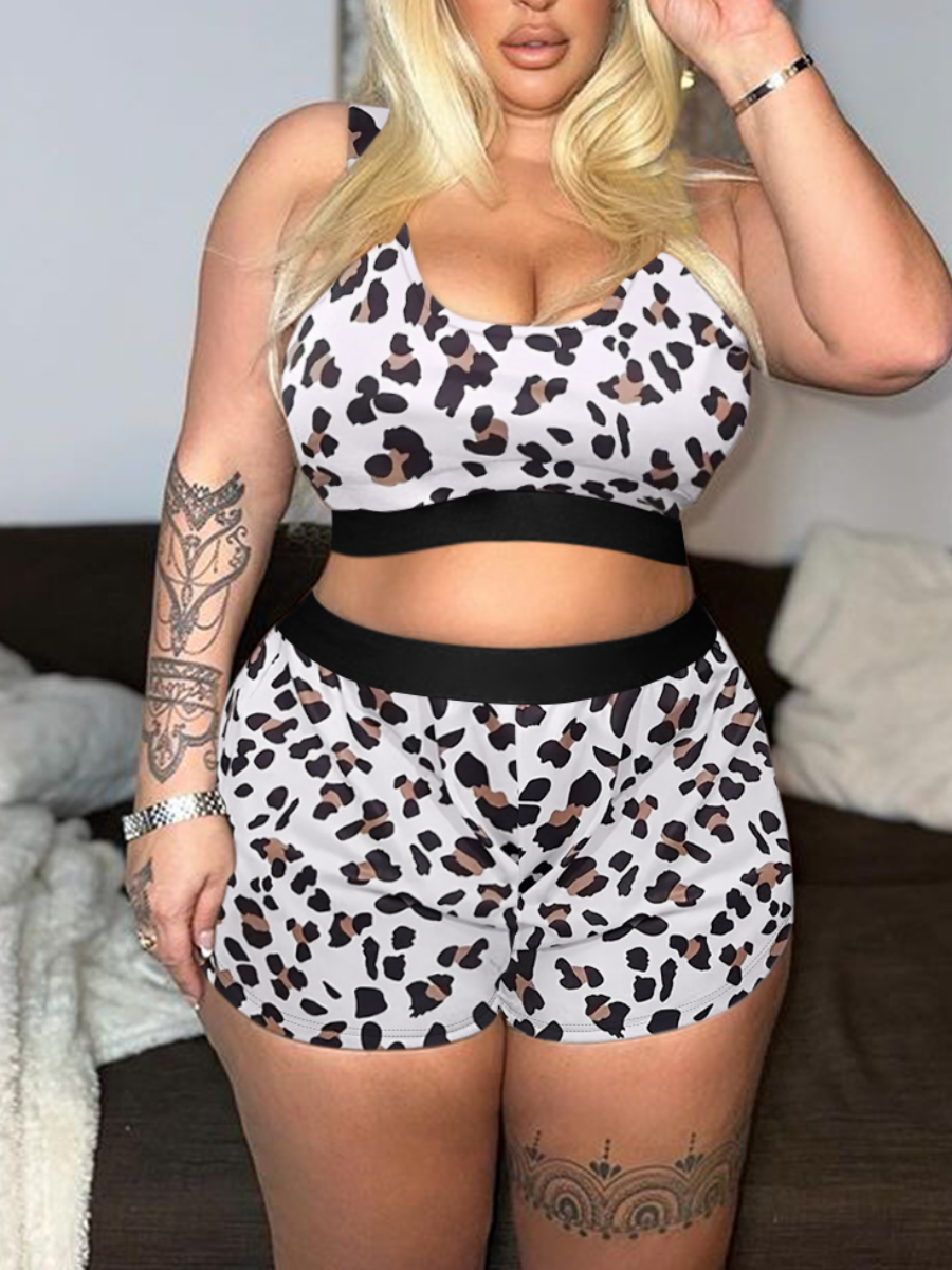 LW Plus Size Crop Top Leopard Print Shorts Set