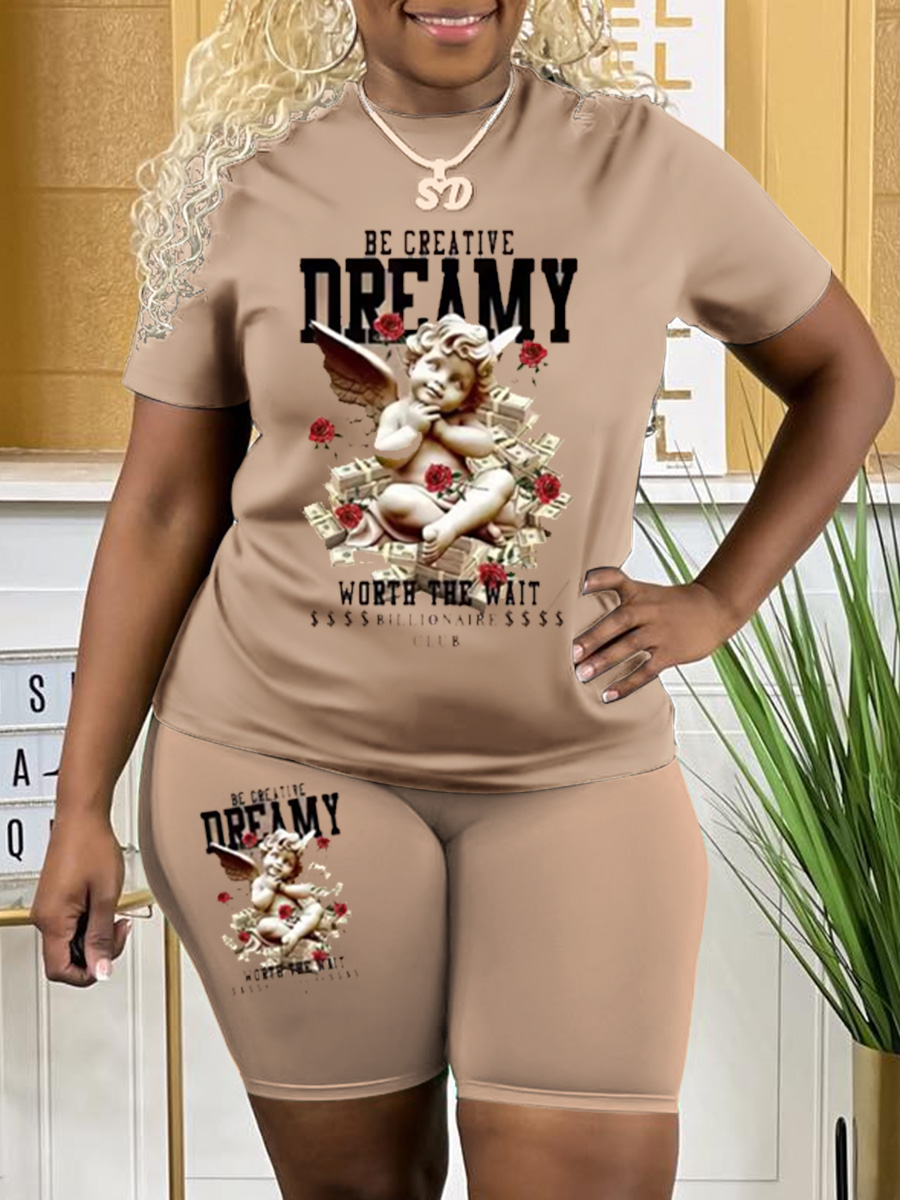 LW Plus Size Figure Rose Flower Money Print Shorts Set