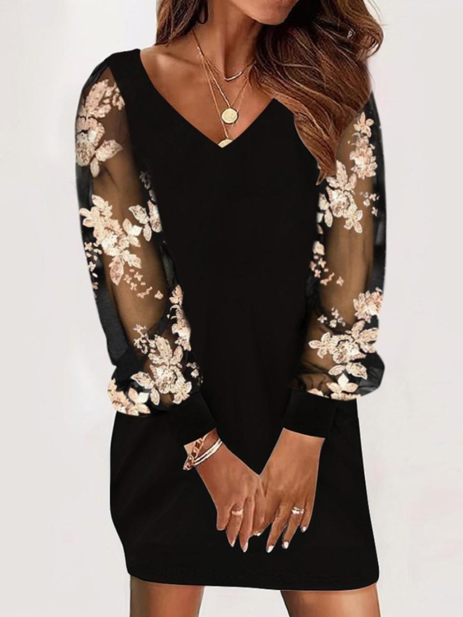 LW SXY Plus Size V Neck Floral Decor See Through Dress