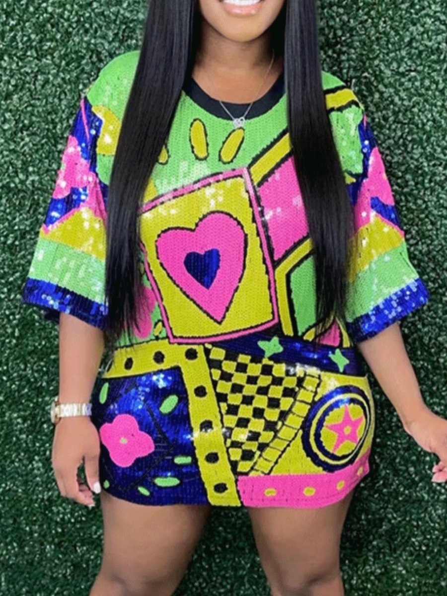 LW Plus Size Heart Plaid Print Sequined Dress