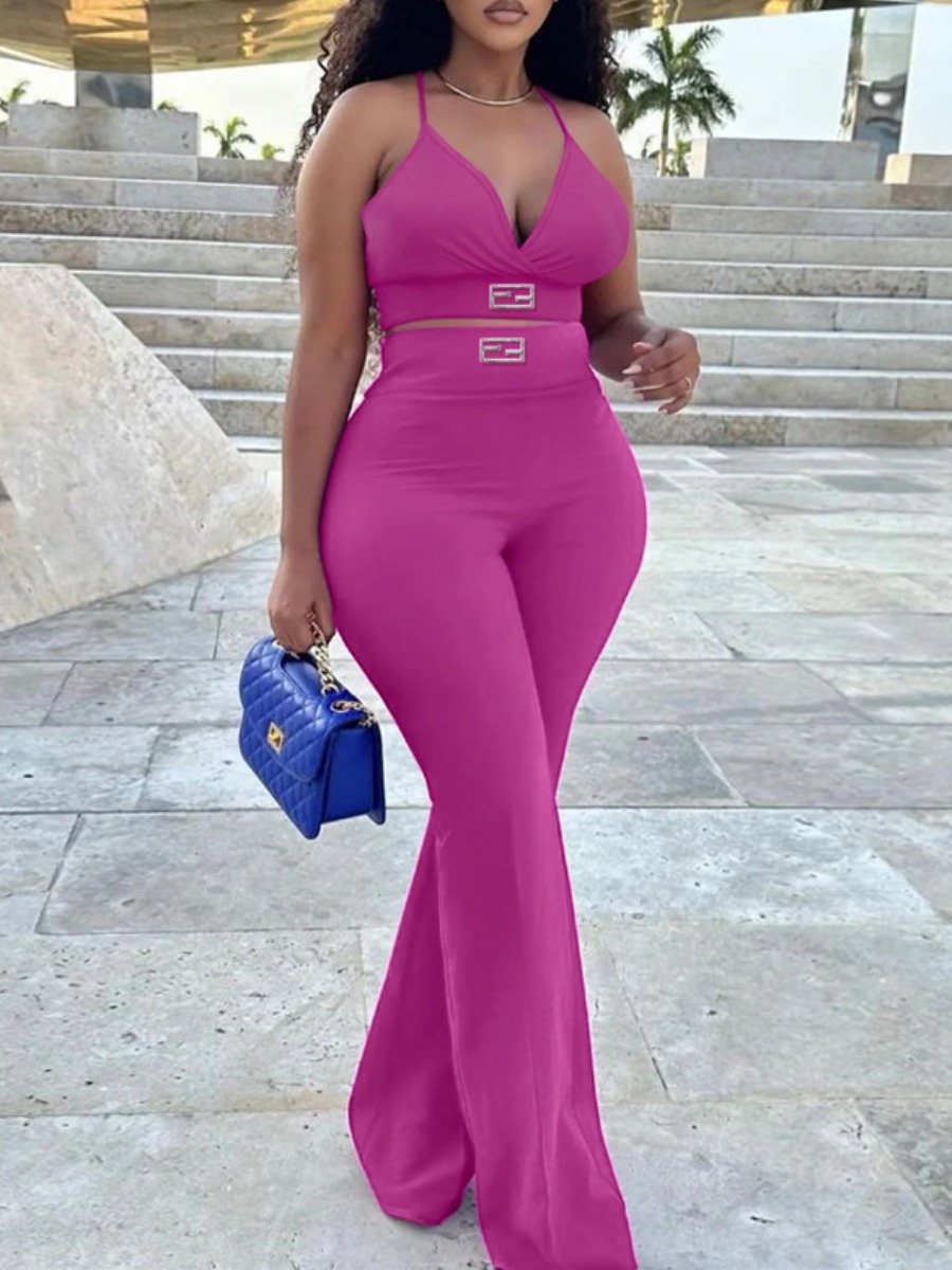LW Crop Top High Waist Flared Pants Set