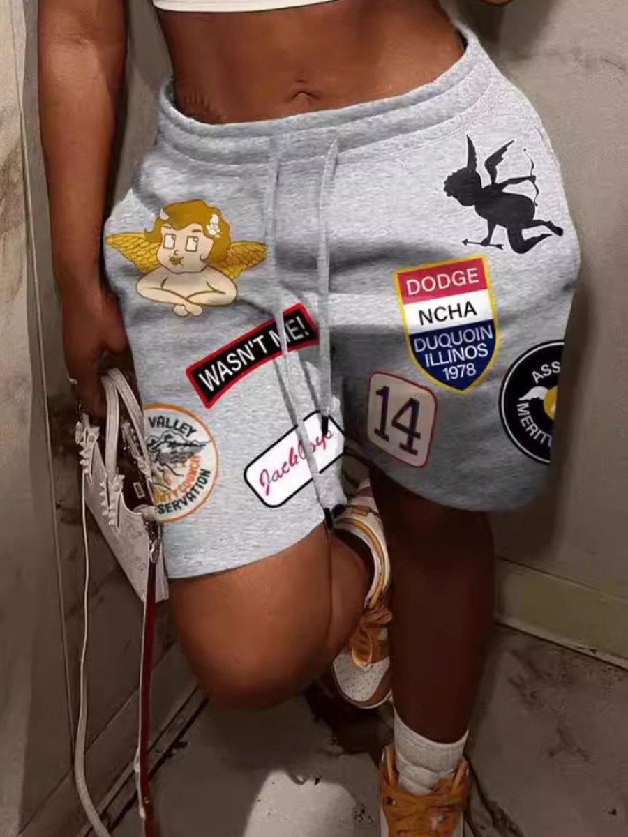 LW Cartoon Letter Print Drawstring Shorts